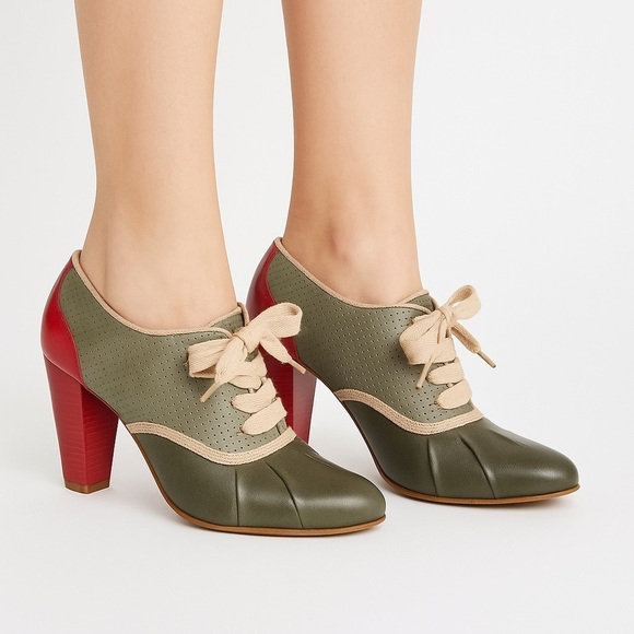 Faith Olive Green & Red Leather Lace-Up  Retro Style Heels Size 39 - Picture 1 of 8